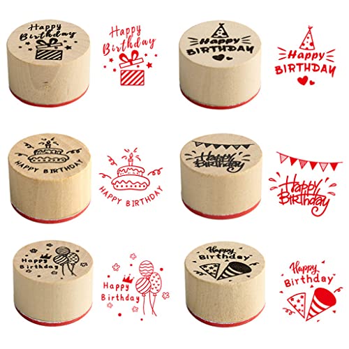 JZTang 6 Pcs Wooden Stamps Set Round Wooden Rubber Stamps for Card Making Happy Birthday Pattern Rubber Stamp for DIY Craft Card and Scrapbooking Happy Birthday Stamps - Image 1