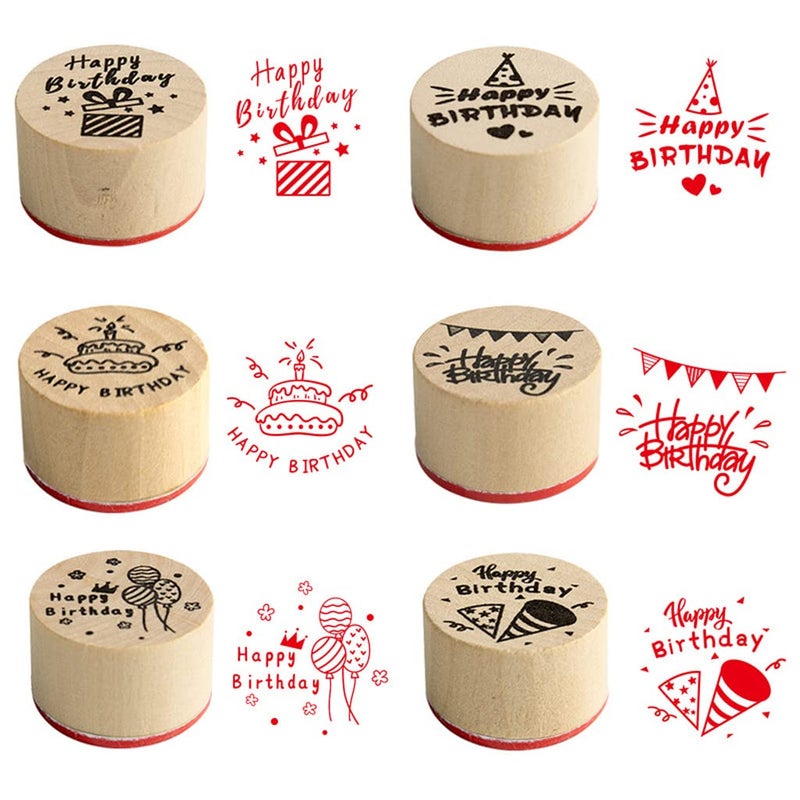 JZTang 6 Pcs Wooden Stamps Set Round Wooden Rubber Stamps for Card Making Happy Birthday Pattern Rubber Stamp for DIY Craft Card and Scrapbooking Happy Birthday Stamps - Image 3