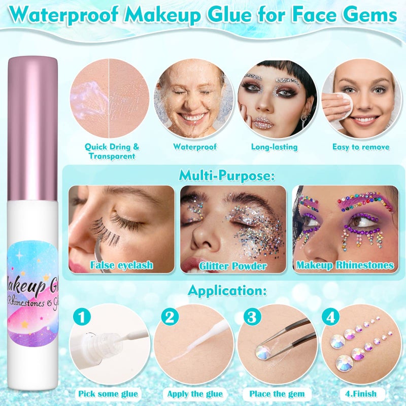 Billbotk 5608Pcs Makeup Rhinestones with Face Glue, Flatback Colorful Face Gems Crystal AB&Clear Eye Jewels with Pickup Dotting Tools for Eye, Body Makeup, Nail Art and DIY Crafts - Image 3