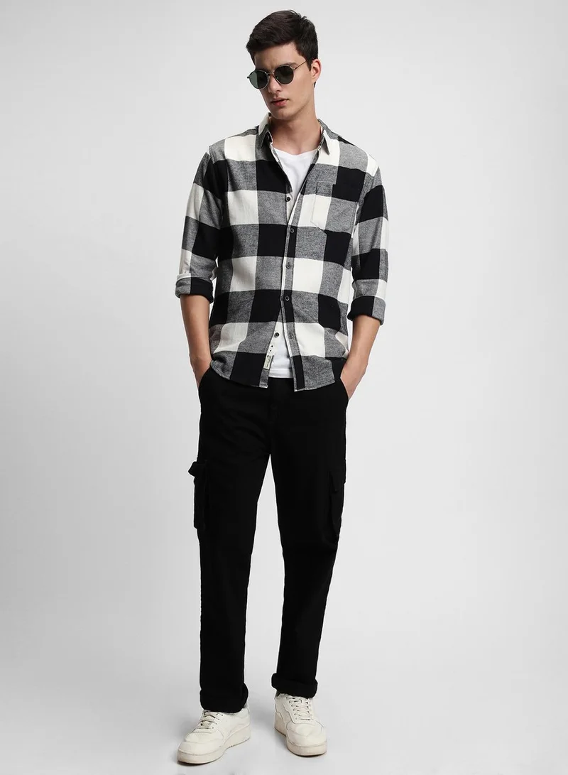 Dennis Lingo  Slim Fit White 100% Cotton Checked Shirt for Men - Spread Collar, Full Sleeves, Casual, for Men | Best Price UAE
