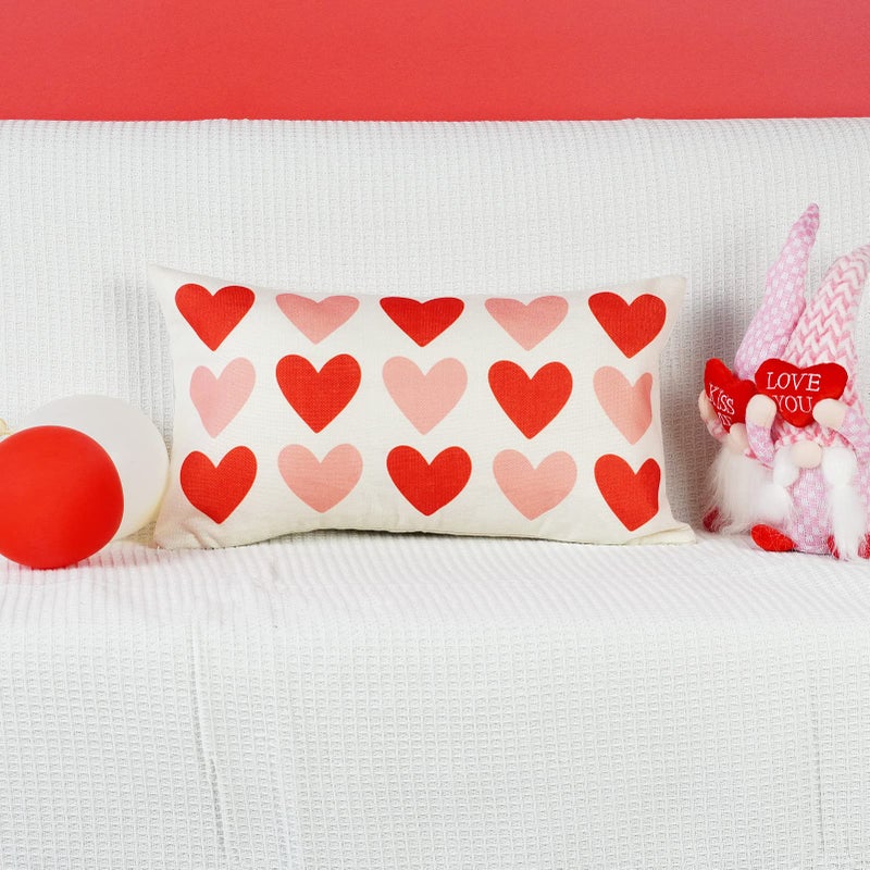 ONWAY Valentine's Day Pillow Cover 12x20 Red Pink Brown Heart Watercolor Decoration Plaid Stripes Polka Dot Valentine Lumbar Throw Cushion Case for Bedroom Sofa Couch Home Decor - Image 2