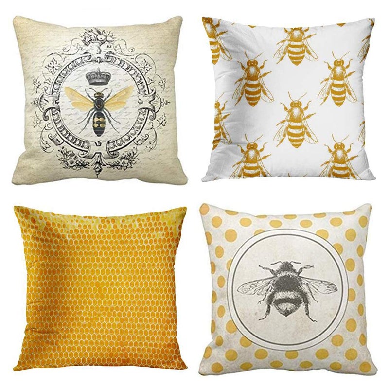 Emvency Set of 4 Throw Pillow Covers Bee Honey Yellow Modern Vintage French Queen Entomology with Bees Decorative Pillow Cases Home Decor Square 16x16 Inches Pillowcases - Image 1
