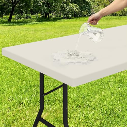Smiry Rectangle Tablecloth Elastic Fitted Flannel Backed Vinyl Tablecloths for 4ft Folding Tables Waterproof Wipeable Table Covers for Indoor Outdoor Picnic and Camping Beige 30x48 - Image 1