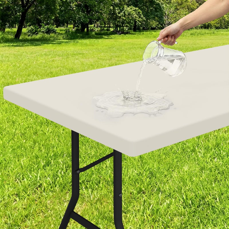 Smiry Rectangle Tablecloth Elastic Fitted Flannel Backed Vinyl Tablecloths for 4ft Folding Tables Waterproof Wipeable Table Covers for Indoor Outdoor Picnic and Camping Beige 30x48 - Image 2