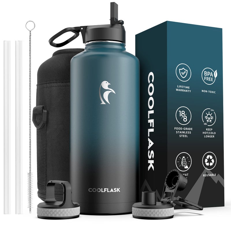 Coolflask Water Bottle 87 oz with Straw 23 Gallon Insulated Stainless Steel Large 3 Lids Big Water Jug for Sports or Office NonBPA Keep Cold Up to 48 Hrs or Hot Up to 24 Hrs Samurai Cyan