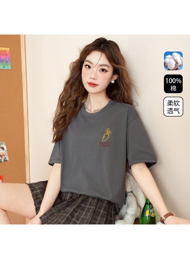 Jeanswest Women's Summer Cotton Round Neck Short Sleeve T-shirt - Loose Fit Slimming Versatile Basic Casual Printed Top - Image 2