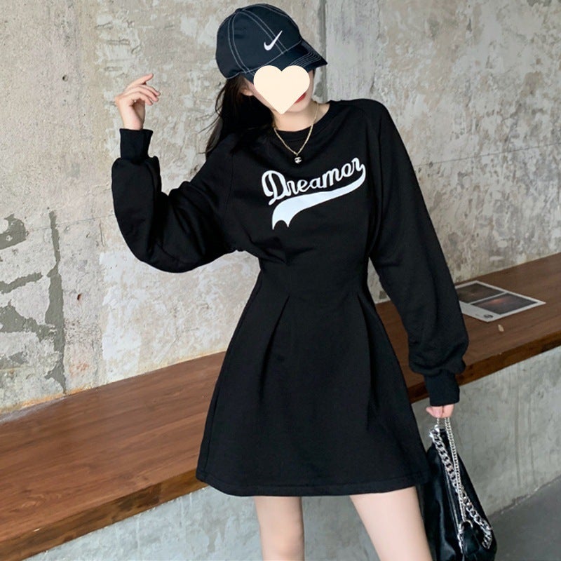 Long sleeve black letter base sweater dress 2025 autumn and winter design sense waist slimming casual T-shirt skirt tide DS363 Black