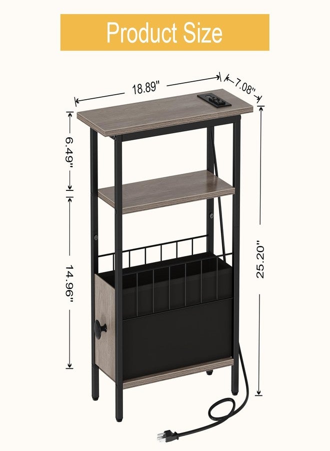 Snughome Narrow Side Table with Charging Station, Slim End Table for Small Spaces, 3 Tier Skinny Nightstand with Drawer, Sofa Beside Table with Storage Shelf for Living Room Bedroom Grey - Image 5