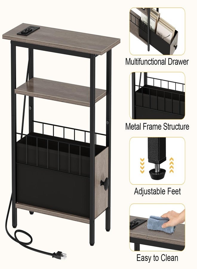 Snughome Narrow Side Table with Charging Station, Slim End Table for Small Spaces, 3 Tier Skinny Nightstand with Drawer, Sofa Beside Table with Storage Shelf for Living Room Bedroom Grey - Image 4
