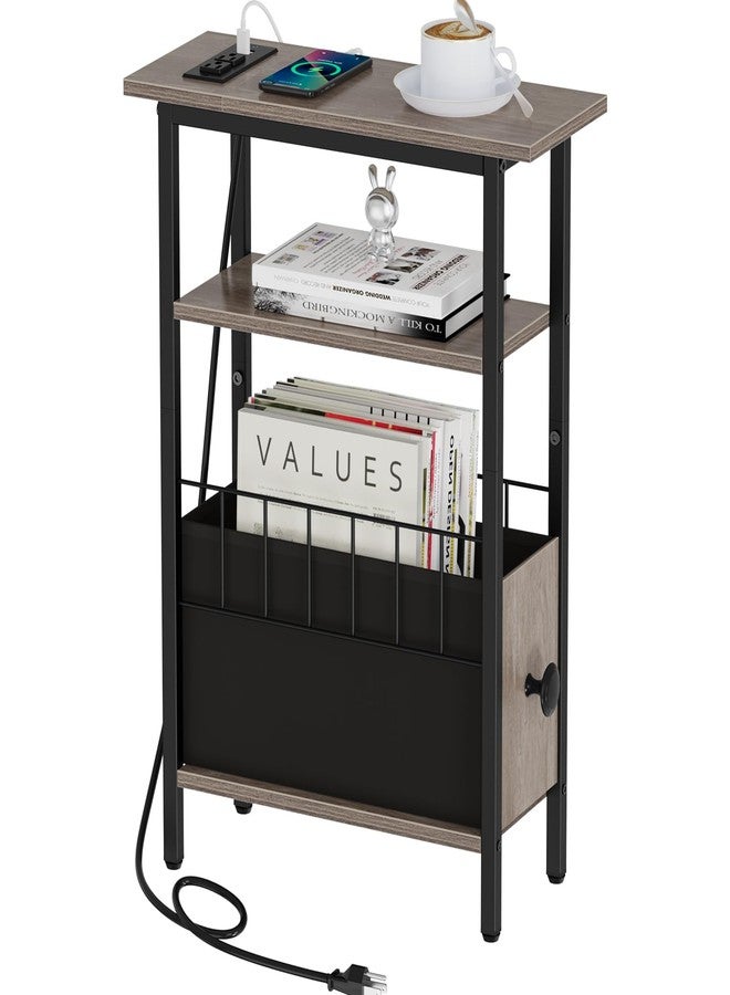 Snughome Narrow Side Table with Charging Station, Slim End Table for Small Spaces, 3 Tier Skinny Nightstand with Drawer, Sofa Beside Table with Storage Shelf for Living Room Bedroom Grey - Image 1