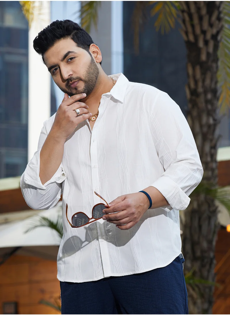 انستافاب بلس Instafab Plus Men's Daisy White Swirl-Tactile Shirt For Casual Wear | Spread Collar | Long Cuffed Sleeves | Button Closure | Plus Size Shirt Crafted With Comfort Fit For Everyday Wear