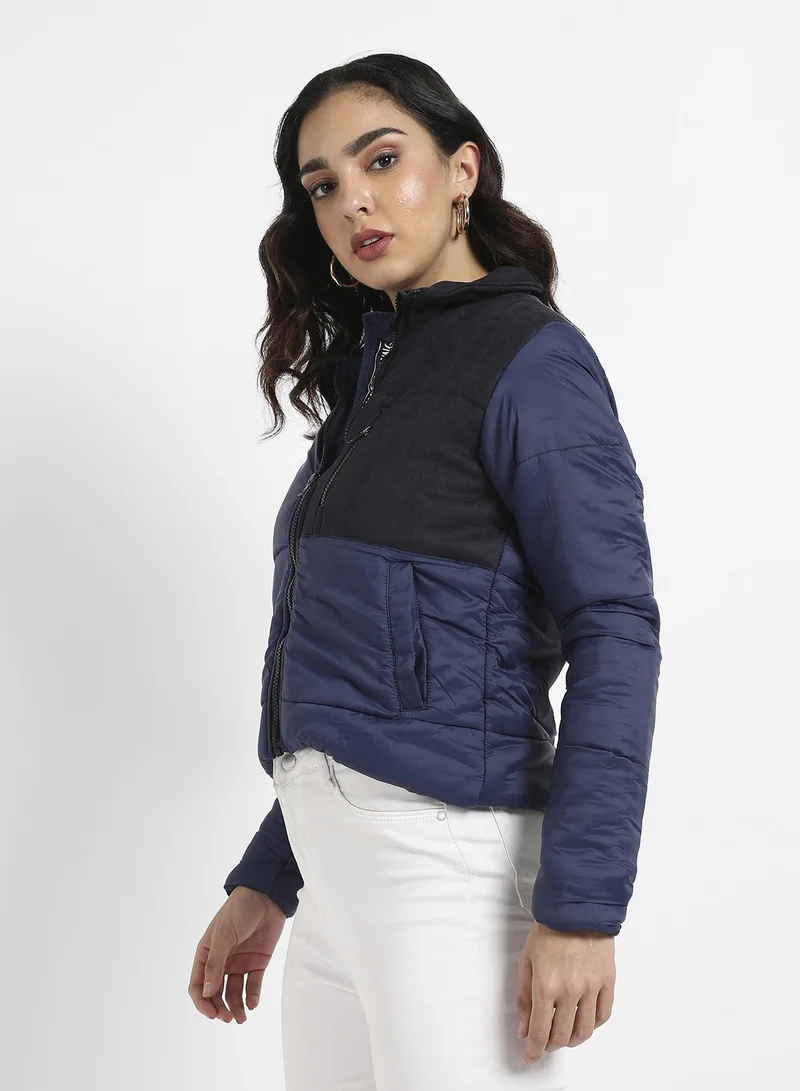 Campus Sutra Women's Blue Bomber Jacket With Angled Open Pockets