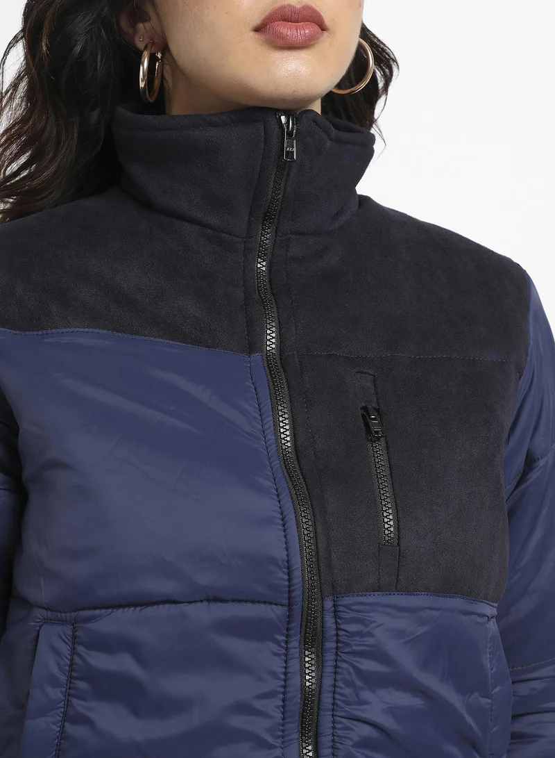 Campus Sutra Women's Blue Bomber Jacket With Angled Open Pockets