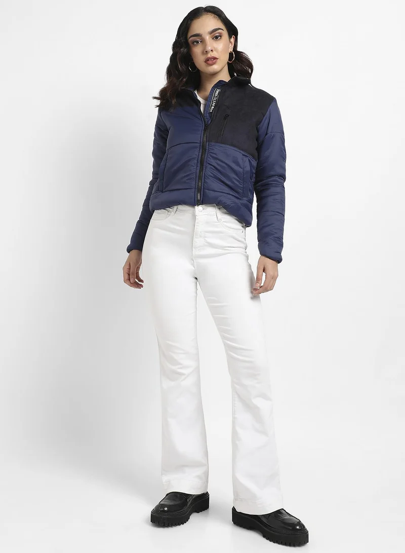 Campus Sutra Women's Blue Bomber Jacket With Angled Open Pockets