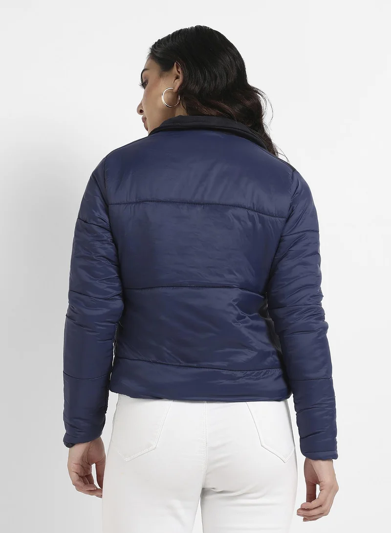 Campus Sutra Women's Blue Bomber Jacket With Angled Open Pockets