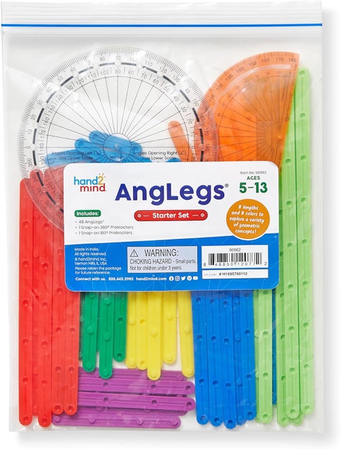 hand2mind AngLegs Starter Set with 2 Protractors Geometry Manipulatives Geometric Shapes for Classroom Montessori Math Materials Math Teaching Tools 4th Grade Math Manipulatives for Kids