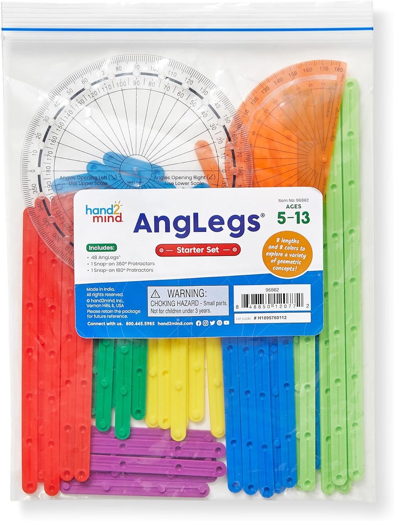 hand2mind AngLegs Starter Set with 2 Protractors Geometry Manipulatives Geometric Shapes for Classroom Montessori Math Materials Math Teaching Tools 4th Grade Math Manipulatives for Kids
