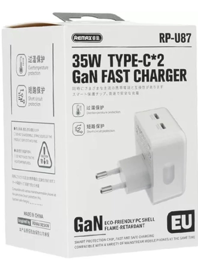 ريماكس شاحن سريع GaN مزدوج من النوع C بقوة 35 وات RP-U87، محول حائط صغير الحجم بتقنية PD + QC مع شريحة ذكية، شحن سريع بمنفذين، قابس الاتحاد الأوروبي، تصميم مقاوم للحريق للهواتف الذكية والأجهزة اللوحية وأجهزة الكمبيوتر المحمولة - أبيض - Image 4
