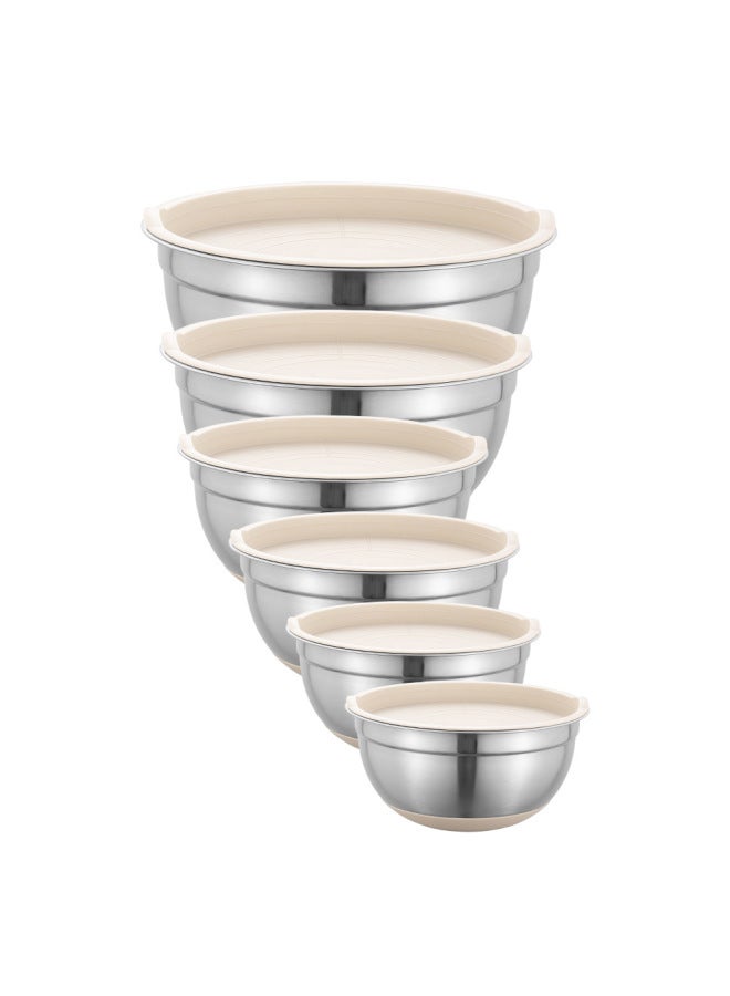 Stainless Steel Salad Basin Khachi Black Silicone Bottom Anti-slip Belt Cover Belt Planing Wire Egg Beater Suit Baking Mixing Basin-Specifications:16-18-20-22-24-30 (khaki Cover + Silicone Bottom)-Color:Default Items  - Image 1