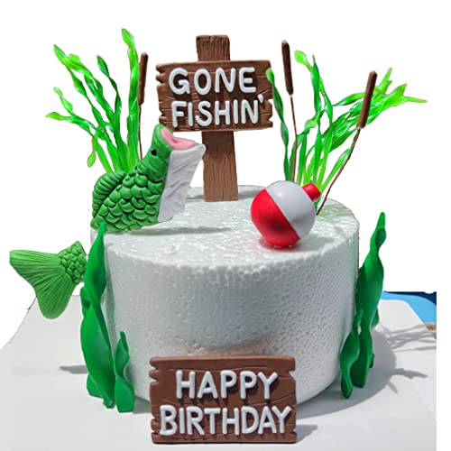 DiDida Fishing Cake Topper Gone fishing Cake with Bass Reed Happy Birthday Sign - Image 3