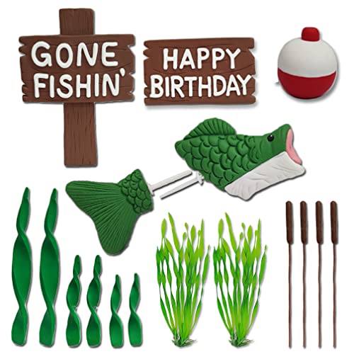DiDida Fishing Cake Topper Gone fishing Cake with Bass Reed Happy Birthday Sign - Image 2