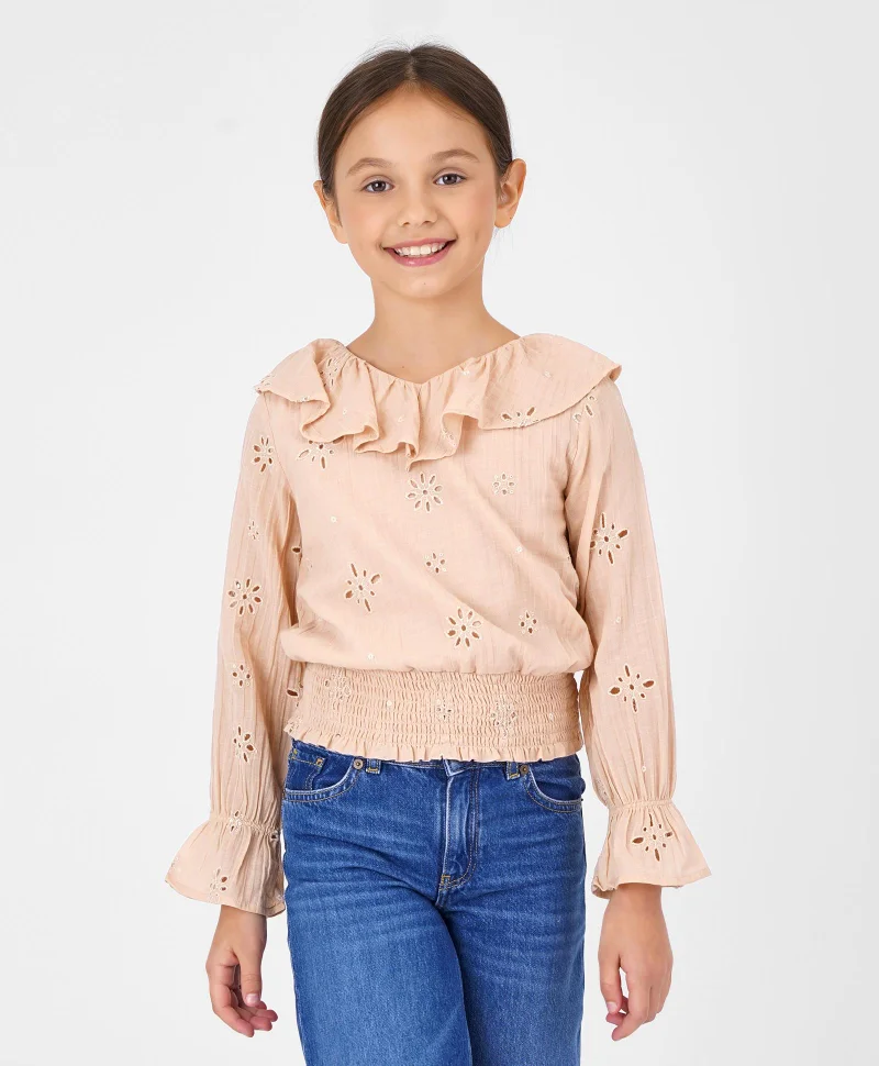 Primo Gino Primo Gino 100% Cotton Full Sleeves Ruffled Top - Beige