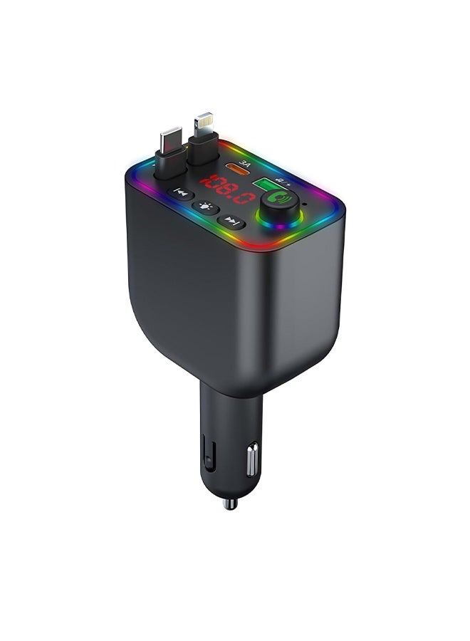 ﻿Retractable 120W Fast Car Charger for iPhone with Type C Cables,Bluetooth FM Transmitter Car Adapter Handsfree Call Audio Receiver Radio Transmitter MP3 Player LED Backlit Support USB (Y4)