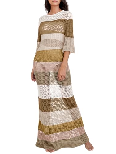 LANNEW Women's Crochet Cover Ups for Bikini Swimsuit Half Sleeve Bathing Suit Rainbow Swimwear Long Beach Dresses - Image 3