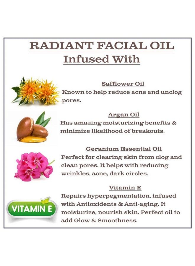 Olivia Care Radiant Beauty Facial Oil Infused With Argan Safflower Vitamin E & Geranium Essential Oil All Natural Hydrating Antiaging & Antioxidants Remove Wrinkles & Clear Pores 2 Fl Oz - Image 4