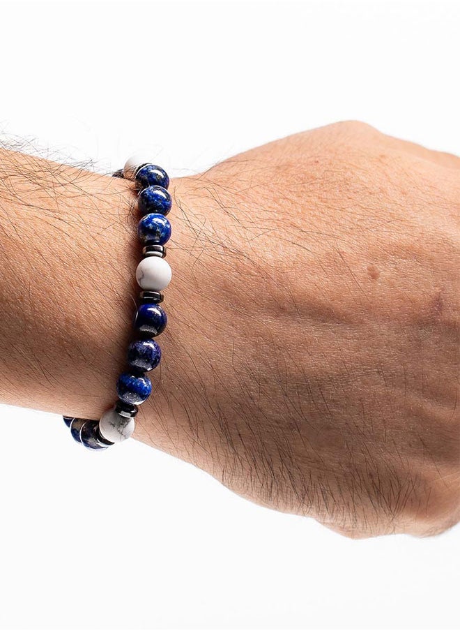 CHRYSOSTOMOS - Handmade Beaded Bracelet for Men with Blue Agate White Howlite and Hematite Rings - Image 1