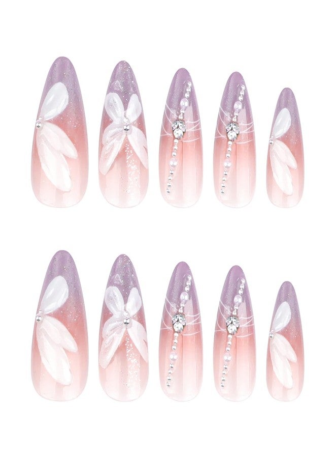 LYLYNB 24Pcs Medium Almond Press on Nails Butterfly Fake Nails Gradient French Tip Glue on Nails 3D Handmade Acrylic Press on Nails Medium Length Artificial Nails Pearl Rhinestone Fake Nails for Women - Image 5