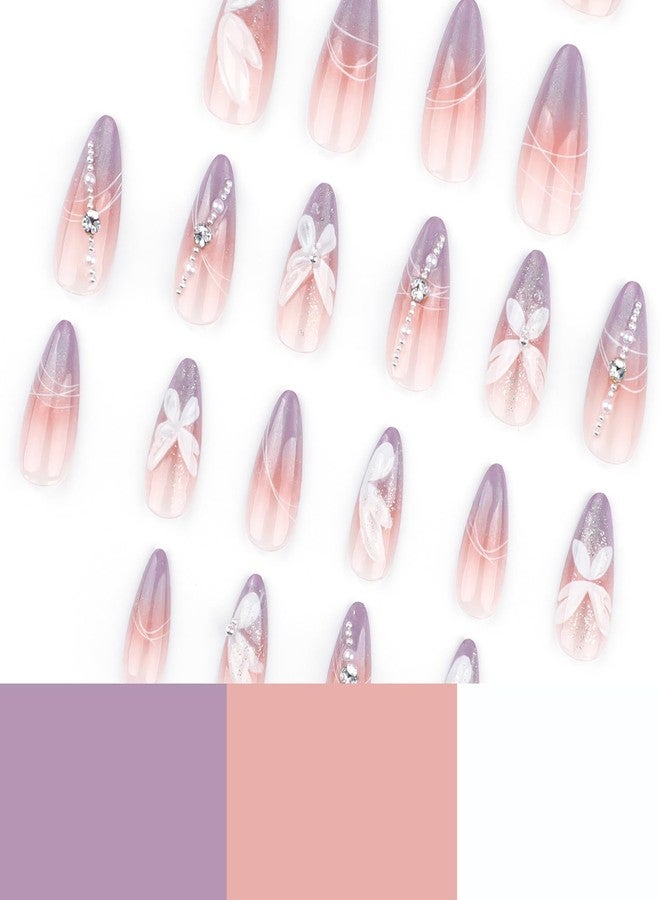 LYLYNB 24Pcs Medium Almond Press on Nails Butterfly Fake Nails Gradient French Tip Glue on Nails 3D Handmade Acrylic Press on Nails Medium Length Artificial Nails Pearl Rhinestone Fake Nails for Women - Image 4
