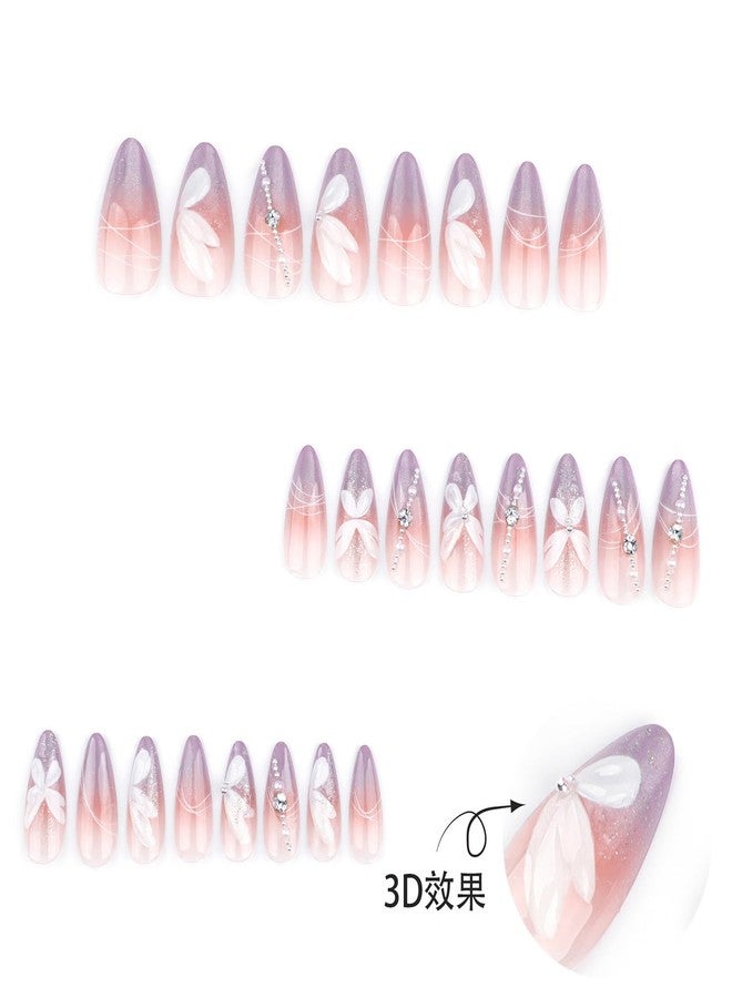 LYLYNB 24Pcs Medium Almond Press on Nails Butterfly Fake Nails Gradient French Tip Glue on Nails 3D Handmade Acrylic Press on Nails Medium Length Artificial Nails Pearl Rhinestone Fake Nails for Women - Image 2