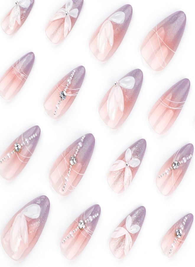 LYLYNB 24Pcs Medium Almond Press on Nails Butterfly Fake Nails Gradient French Tip Glue on Nails 3D Handmade Acrylic Press on Nails Medium Length Artificial Nails Pearl Rhinestone Fake Nails for Women - Image 3