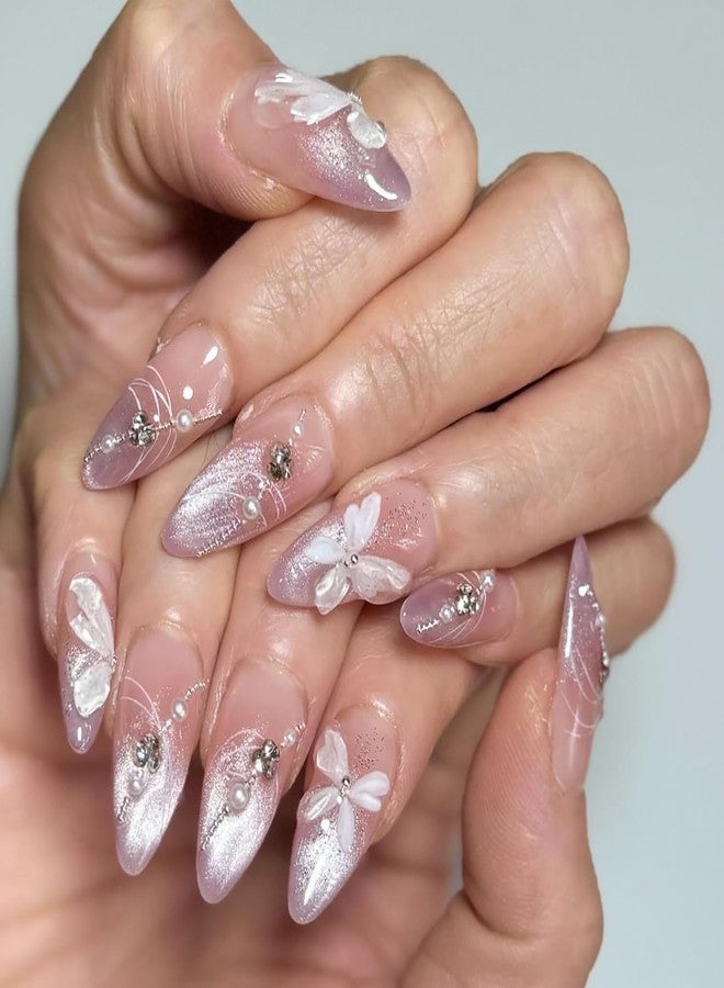LYLYNB 24Pcs Medium Almond Press on Nails Butterfly Fake Nails Gradient French Tip Glue on Nails 3D Handmade Acrylic Press on Nails Medium Length Artificial Nails Pearl Rhinestone Fake Nails for Women - Image 1