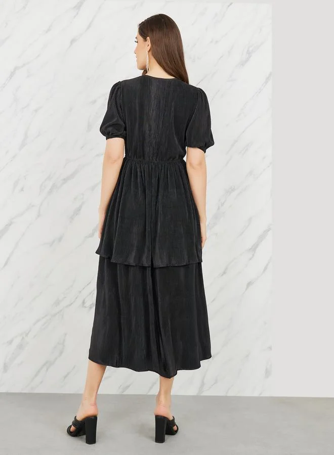 ستايلي Plisse Front Button Closure Layered Tiered Midi Dress