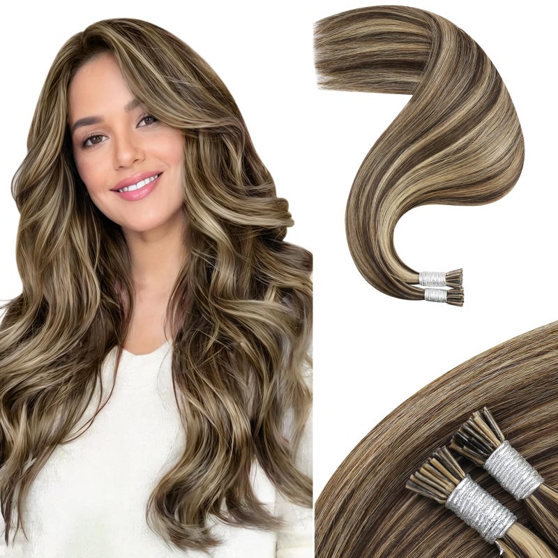Moresoo I Tip Hair Extensions Human Hair Brown Itip Extensions Human Hair Highlight Dark Brown with Caramel Blonde I Tips Human Hair Extensions Strawberry Blonde for Wedding 20 inch 50S40G