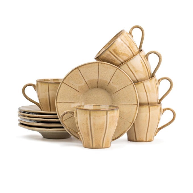 CERAMIC CUP AND SAUCER SET OF 6 BEIGE REACTIVE 180ML CUP SAUCER SET 6 CUPS AND 6 SAUCERS GLOSSY FINISH TEA SET CERAMIC TEA CUP AND SAUCER SET LINE CUPS SAUCERS BEIGE REACTIVE