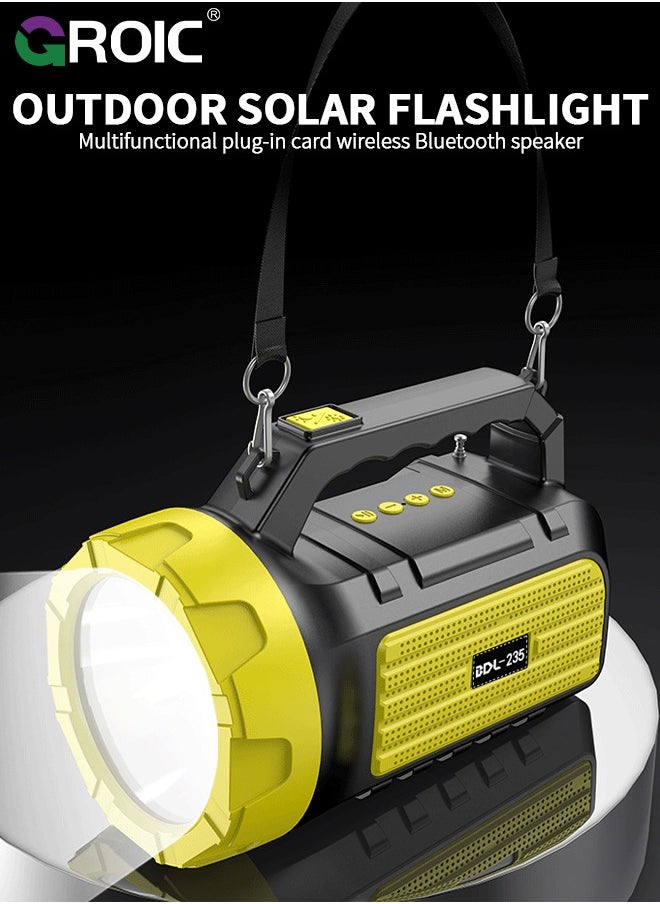 GROIC - Solar Flashlight with Radio, Emergency Weather Radio, Bluetooth Speaker, LED Flashlight with 2000mAh Battery and SOS Alarm for Outdoor Camping, Night Reading, Power Outage Emergency - Image 1