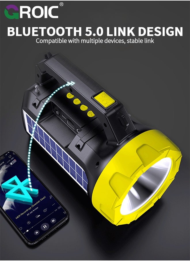 GROIC - Solar Flashlight with Radio, Emergency Weather Radio, Bluetooth Speaker, LED Flashlight with 2000mAh Battery and SOS Alarm for Outdoor Camping, Night Reading, Power Outage Emergency - Image 1