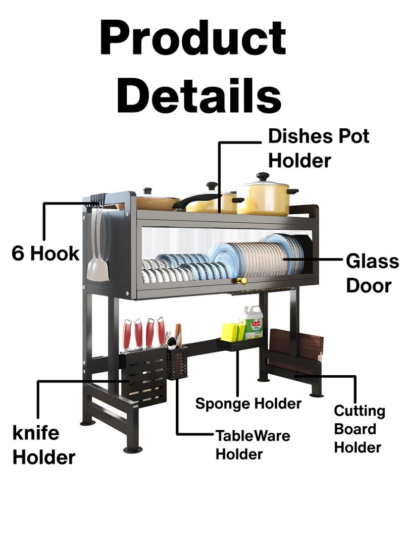 Toshionics Double Layer 2 Tier Over The Sink Dish Drying Stand Drainer Organizer Storage Rack With Dustproof Door Kitchen Countertop Cutlery Storage Organizer Utensil Plate Holder Drain Bracket Shelf 85cm - Image 2