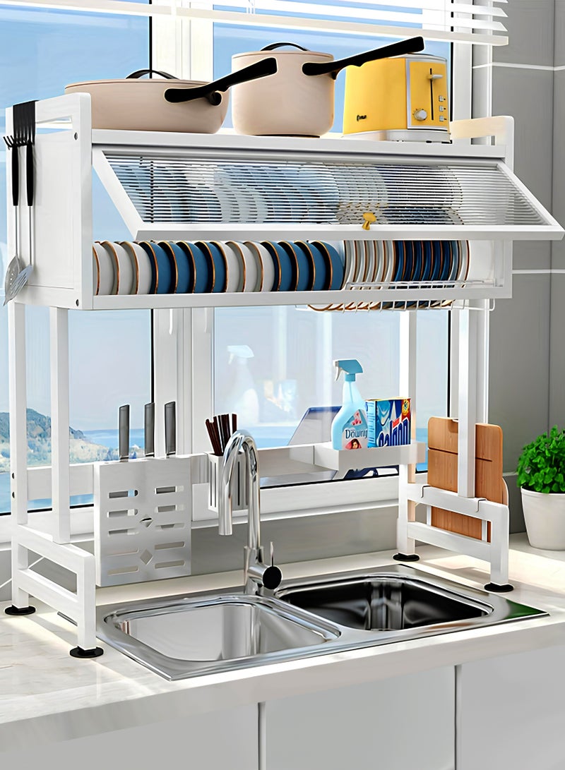 Toshionics Double Layer 2 Tier Over The Sink Dish Drying Stand Drainer Organizer Storage Rack With Dustproof Door Kitchen Countertop Cutlery Storage Organizer Utensil Plate Holder Drain Bracket Shelf 85cm - Image 1
