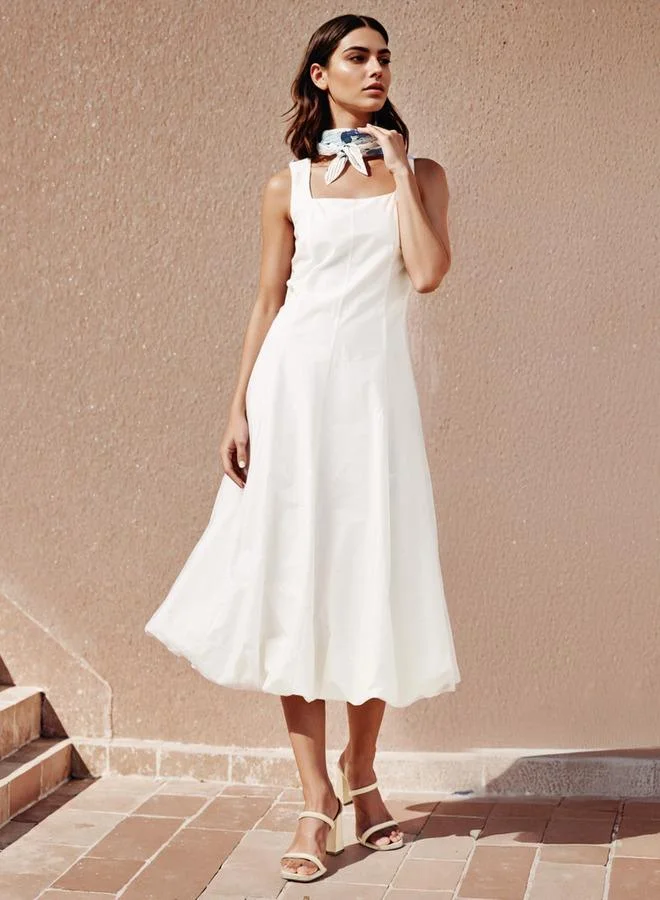 Iconic Iconic Square Neck Sleeveless Cotton Dress with Printed Scarf