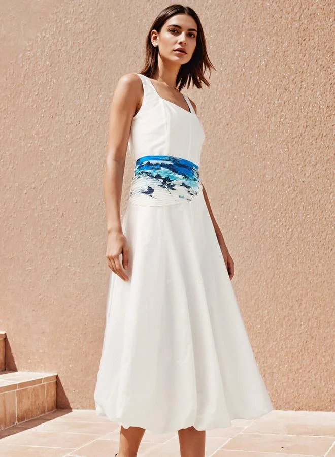 Iconic Iconic Square Neck Sleeveless Cotton Dress with Printed Scarf