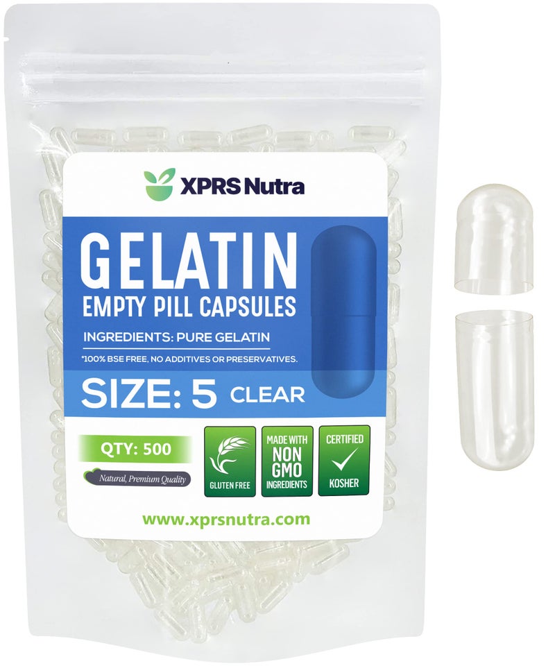 XPRS Nutra Size 5 Empty Capsules 500 Count Very Small Clear Empty Gelatin Capsules Pills DIY Capsule Filling Fillable Pill Gel Caps for DoItYourself Vitamin Supplements