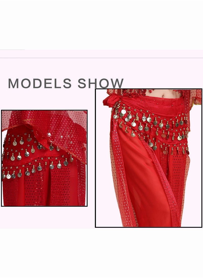 SYOSI - Belly Dance Waist Chain Scarf, SYOSI Women Belly Dance Hip Scarf Skirts Wrap with 98 Gold Coins Belly Dance Zumba Yoga Class Performance, Chiffon Three-layer Belt Indian Dance Practice 2Pcs - Image 1