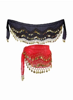 Belly Dance Waist Chain Scarf, SYOSI Women Belly Dance Hip Scarf Skirts Wrap with 98 Gold Coins Belly Dance Zumba Yoga Class Performance, Chiffon Three-layer Belt Indian Dance Practice 2Pcs