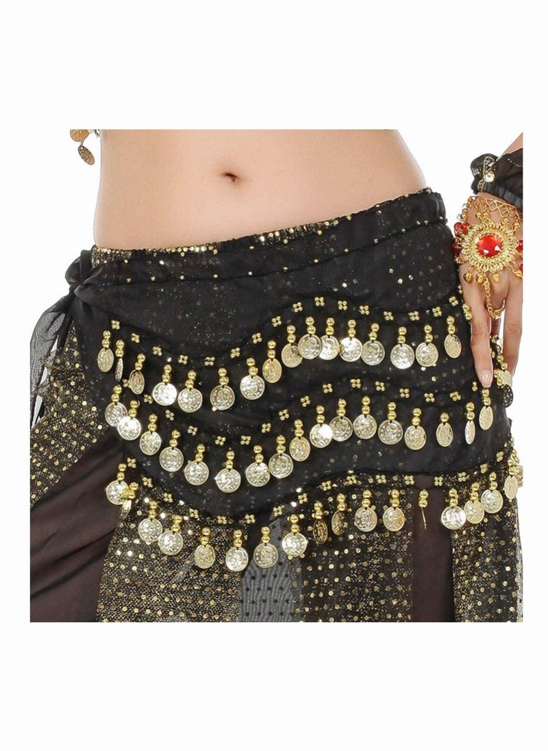 SYOSI - Belly Dance Waist Chain Scarf, SYOSI Women Belly Dance Hip Scarf Skirts Wrap with 98 Gold Coins Belly Dance Zumba Yoga Class Performance, Chiffon Three-layer Belt Indian Dance Practice 2Pcs - Image 1