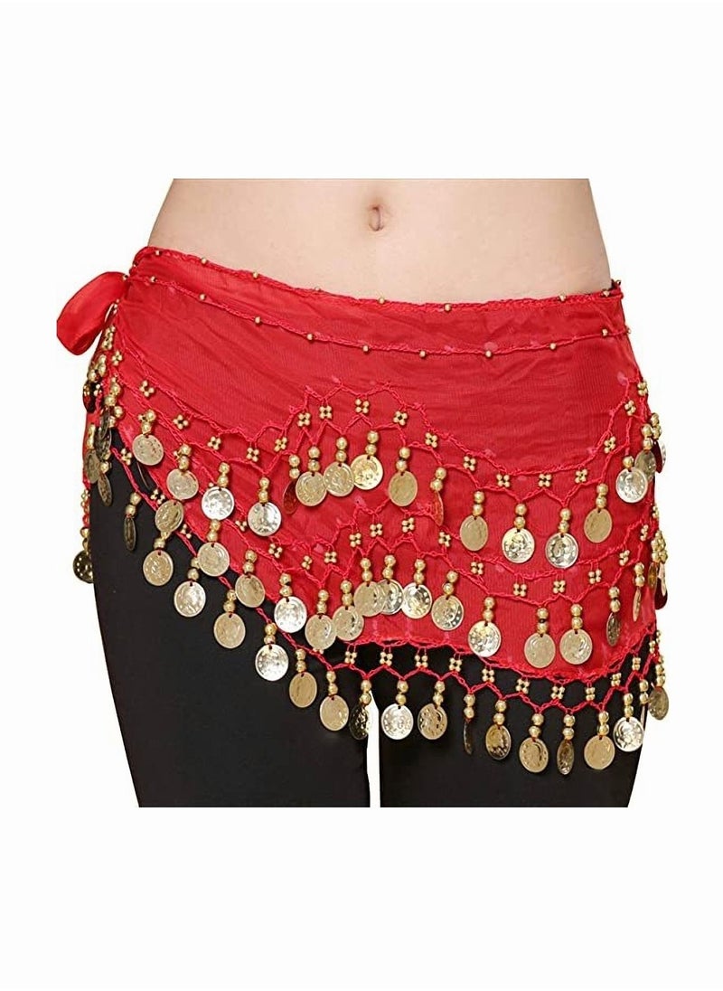 SYOSI - Belly Dance Waist Chain Scarf, SYOSI Women Belly Dance Hip Scarf Skirts Wrap with 98 Gold Coins Belly Dance Zumba Yoga Class Performance, Chiffon Three-layer Belt Indian Dance Practice 2Pcs - Image 1