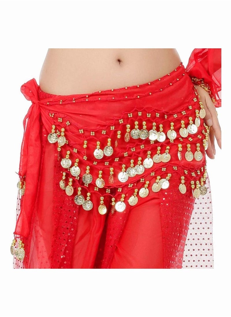SYOSI - Belly Dance Waist Chain Scarf, SYOSI Women Belly Dance Hip Scarf Skirts Wrap with 98 Gold Coins Belly Dance Zumba Yoga Class Performance, Chiffon Three-layer Belt Indian Dance Practice 2Pcs - Image 1